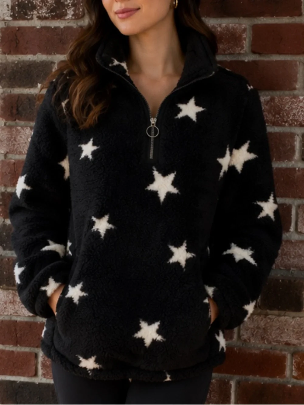 COZY SHERPA Black & White Star Sherpa Faux Fur Pullover 1/4 Zip  Warm Jacket XL